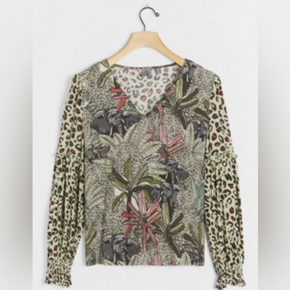 Anthropologie Sibley V-Neck Top Blouse Grey Motif Animal Print Size XS